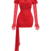 New Sexy Gloves Long Sleeves Cutout Pleated Draped Mini Dress Women Red/White Lace Floral Bodycon Dresses Party Cocktail Club