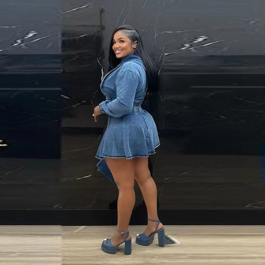 Two Piece Sets Women Denim Skirt Hooded Zipper Tops Short Dress Sets Skirts A Line High Waist Y2k Streetwear Elegant Slim Fit