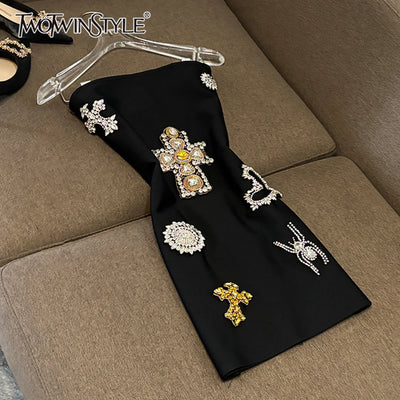 TWOTWINSTYLE Solid Spliced Diamonds schlankmachende Kleider für Damen, trägerlos, ärmellos, rückenfrei, schickes Kleid, Damenmode KDR524979
