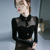 Black Vintage Doll Collar Polka Dot Gold Velvet Top Women's Autumn and Winter Gauze Splicing Perspective Sexy T-shirt