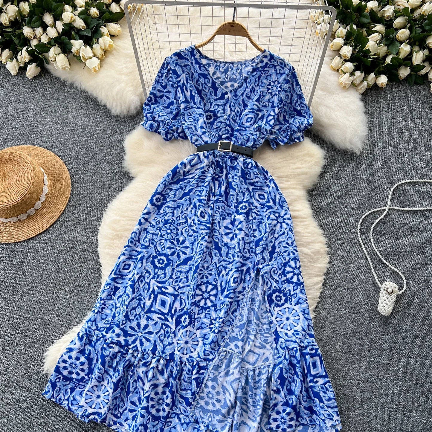 Sommer Plissiert Damen Knopfkleider Lässige Strandurlaub Kurzarm V-Ausschnitt Damen Midikleid Böhmische Mujer Vestidos