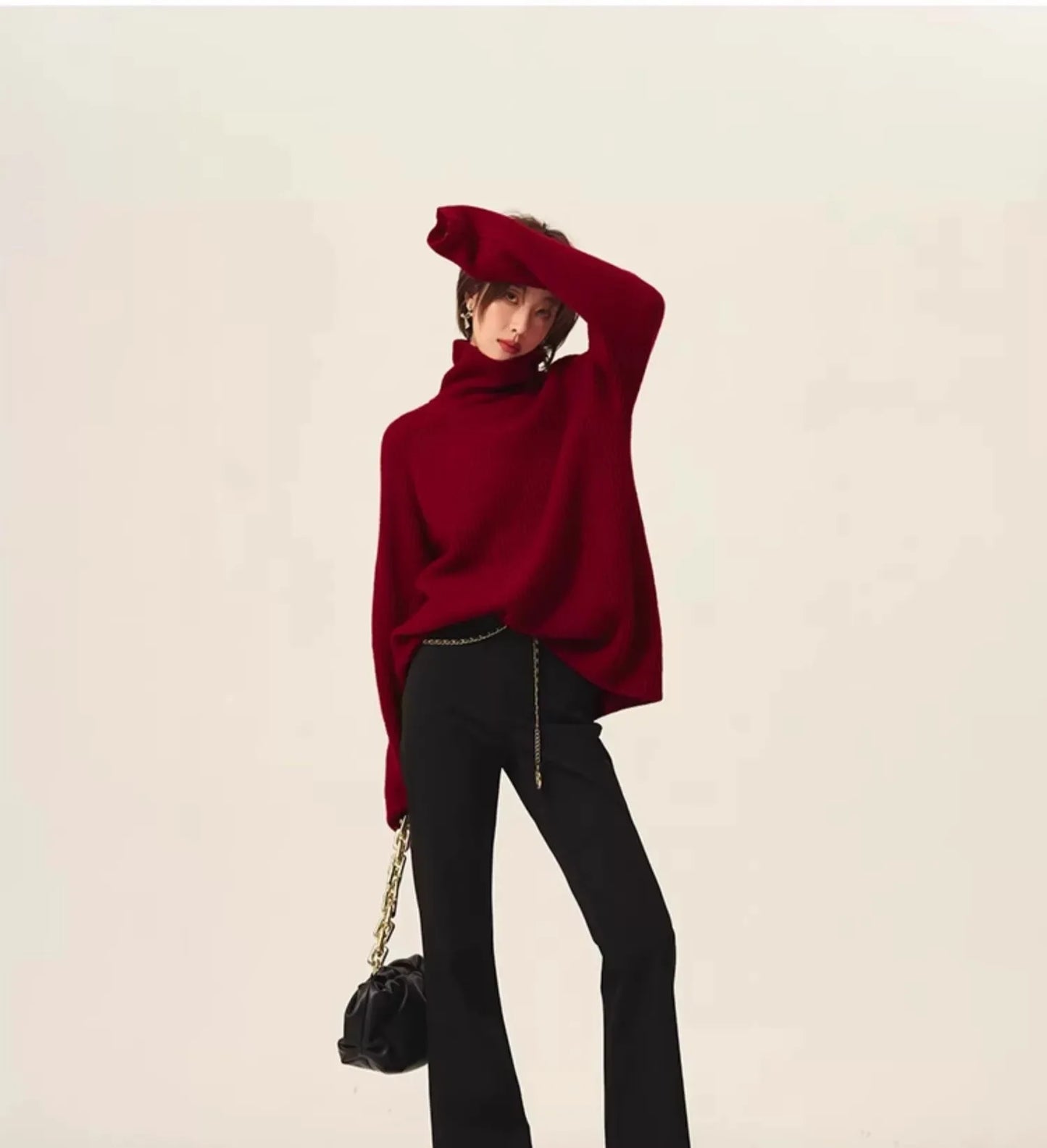 Rollkragenpullover 100% Kaschmir Pullover Damen lose verdickend Anti-Aging Nische Vintage Roter Rundhals-Pullover Damen Langarm