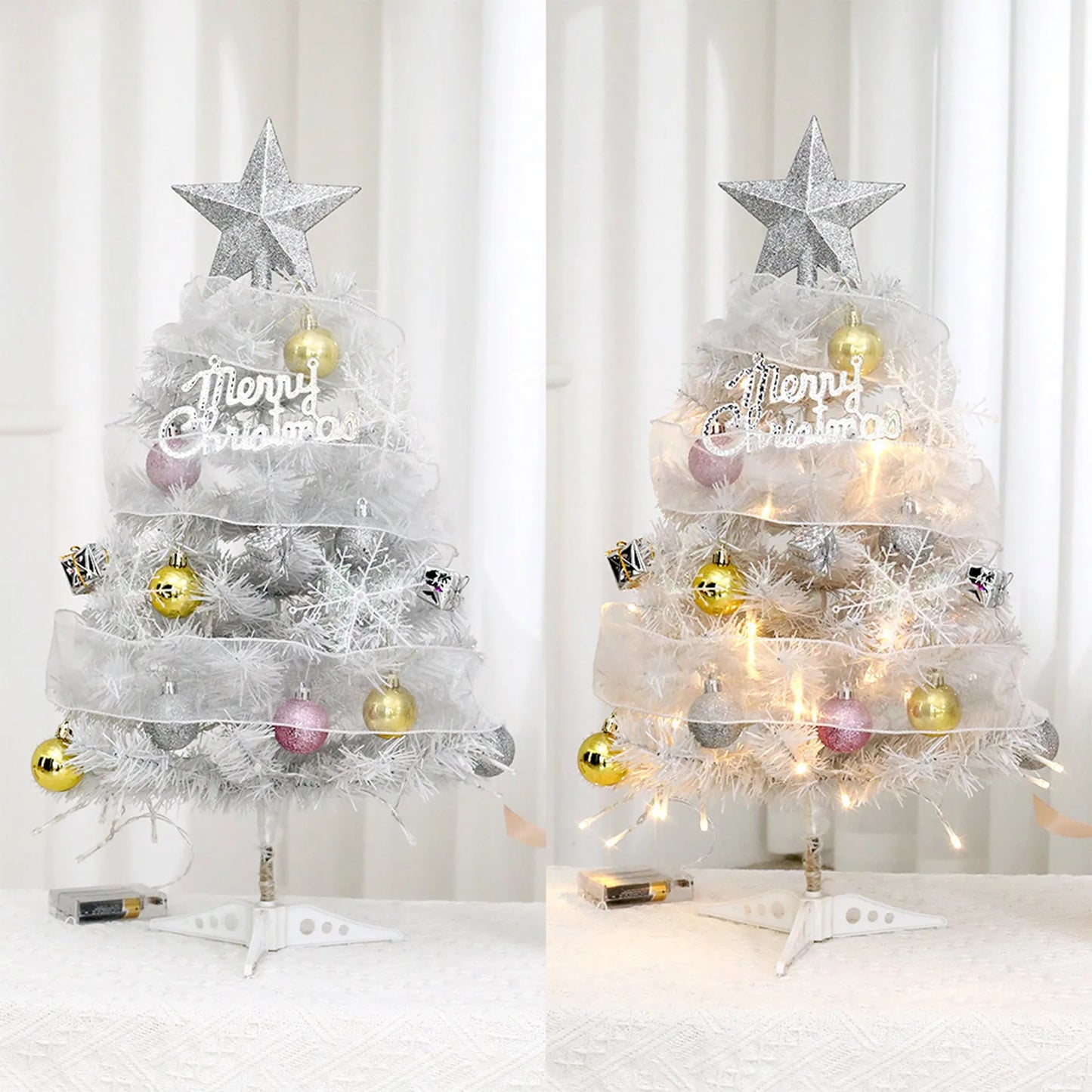Hot Sale 45/60cm Christmas Tree With lights White/Pink Christmas Tree With Star Christmas Miniature Pine With Ornaments