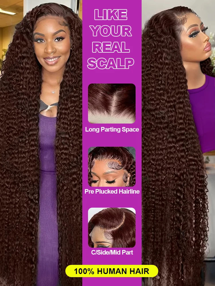 300 Density Chocolate Brown Deep Wave Lace Front Human Hair Wig 40Inch Color Hd Lace Frontal Wig For Women 13x6 Water Curly Wigs