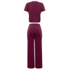 Elegant Women's Casual Short Sleeve T-shirt Sports Suit Summer Fashion Solid V Neck Short Top & Straight Pants Two Piece Sets