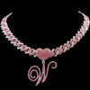 Hip Hop Bling Pink Crystal Cursive Initial Letter Cuban Necklace for Women Iced Out Paved Cuban Chain Necklace Choker Jewelry