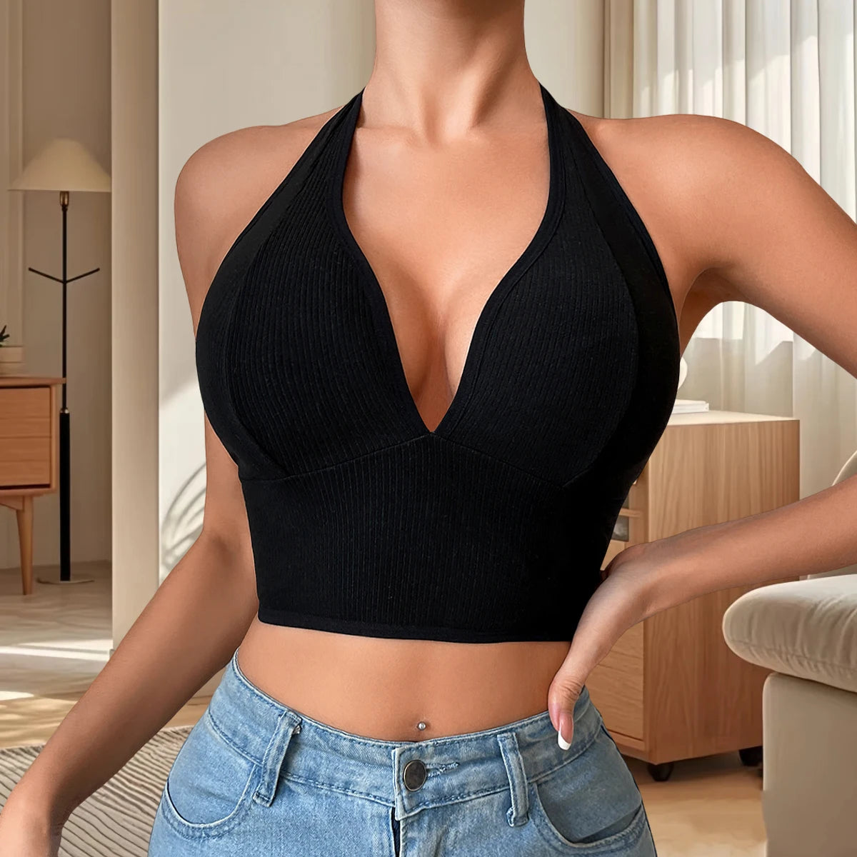 1x nahtloses, sexy Damen-Top, gerippt, atmungsaktiv, Dessous, Sport-Trägerhemd, Gymnastik-Tanktop, rückenfrei, Damenunterwäsche, Weste