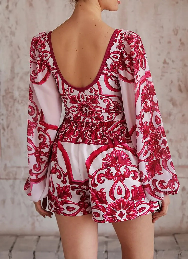 Flaxmaker Long Sleeves Majolica Series Pattern Print One Piece Swimsuit Biquini Beachwear Women Sexy Bikini Sets Swimsuit