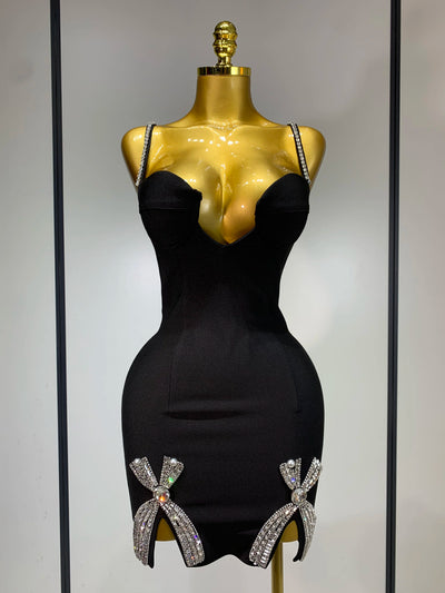 Damen Celebrity Sexy V-Ausschnitt Perlen Schwarz Mini Bodycon Bandage Kleid Luxus 2025 Gestrickte Elegante Abend Club Party Kleider