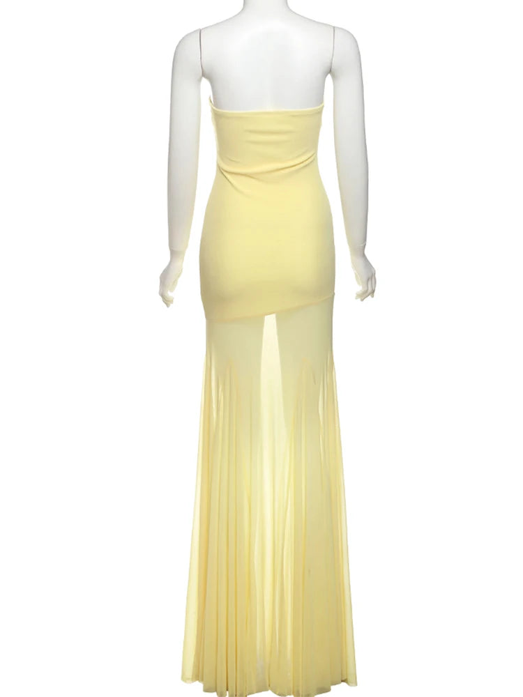 Weird Puss Patchwork Transparente Kleid Damen Elegant Einfarbig Plissiert Trägerlos Ärmellos Rückenfrei Schmal Bankett Party Vestidos