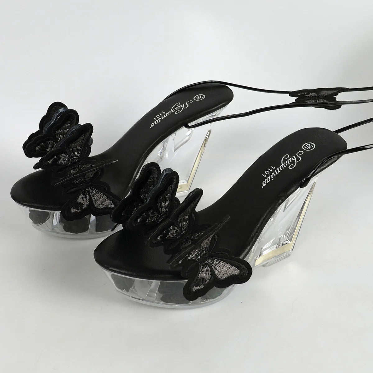 11CM Sexy Riemchen Pole Dance Schuhe Sommer Damen Bestickte Schmetterling High Heels Nachtclub Transparente Wedges Absatzsandalen Schwarz