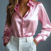 Women's Satin Shirts Elegant Plain Long Sleeve Blouse Office Lady Button-Up Shirt Top Female Crew Neck Shirts Blouse 2025 Autumn