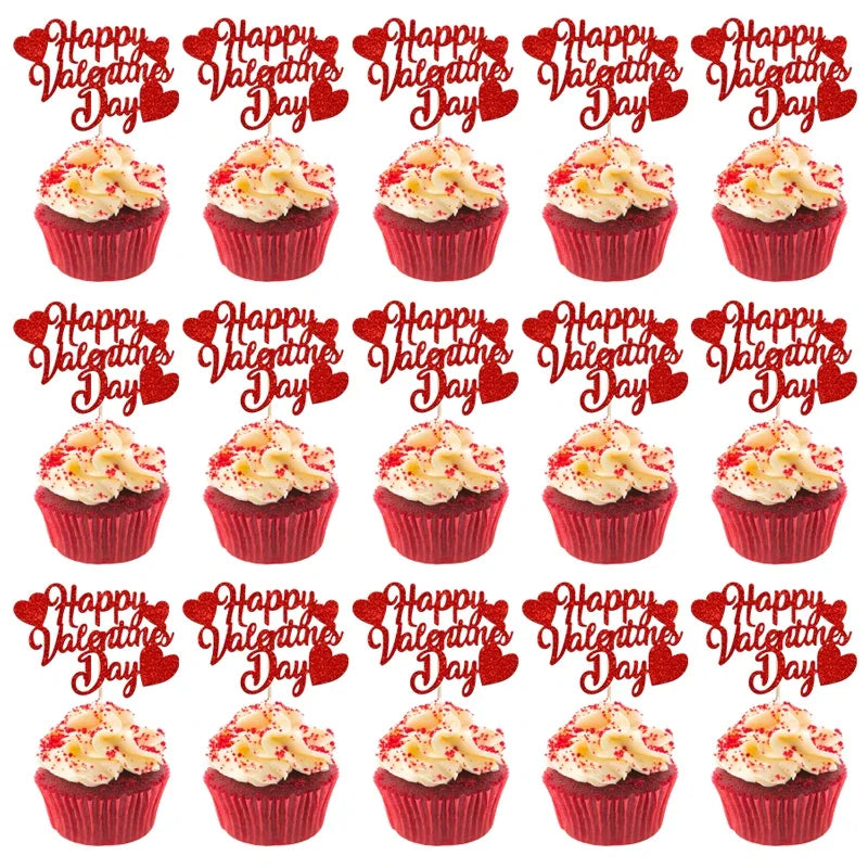 YOMDID 24tlg. Happy Valentines Day Cupcake Toppers Glitzer Rot Dekorationen Valentinstag Cupcake Spieße Geschenk zum Valentinstag