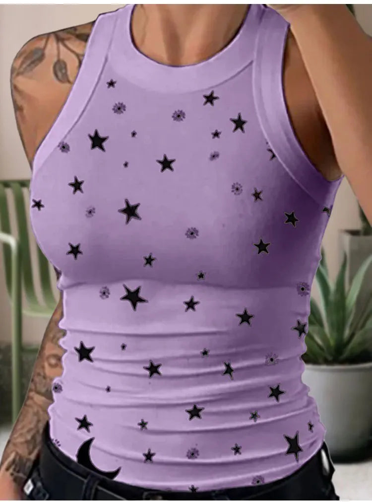 Summer Basic Elastic Tank Top Digital Printing T-shirt Women's O Neck Racerback Sexy Tank Top Stripe Print Sleeveless Tank Top