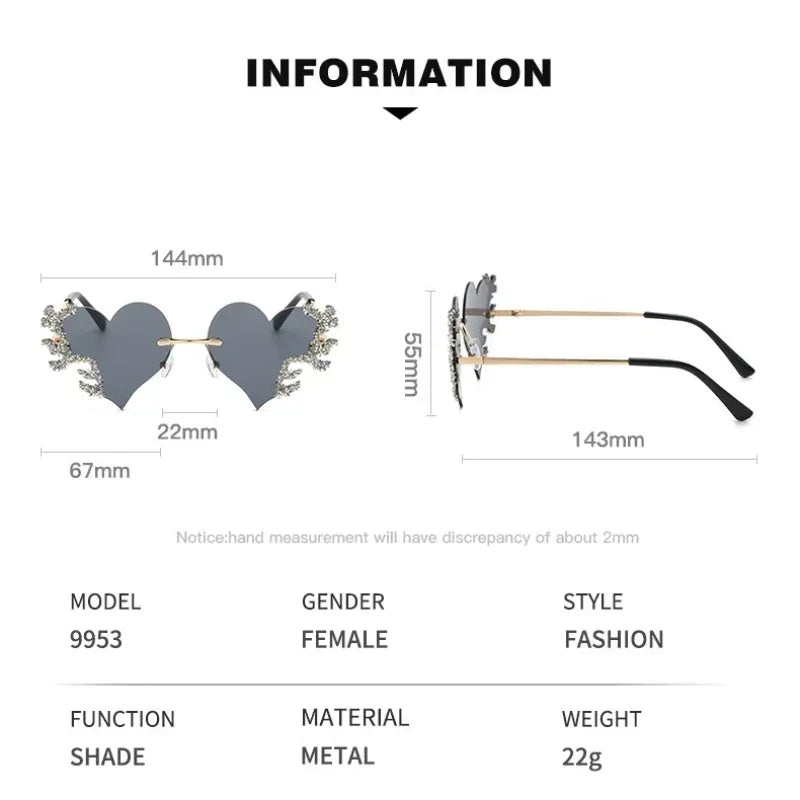 Randlose Sonnenbrille Damen Luxusmarke Strass Sonnenbrille Damen Niedliche Herzform Punk Party Brille очки від сонця женские