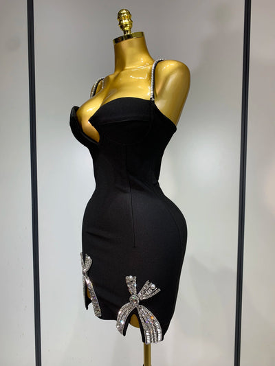 Damen Celebrity Sexy V-Ausschnitt Perlen Schwarz Mini Bodycon Bandage Kleid Luxus 2025 Gestrickte Elegante Abend Club Party Kleider