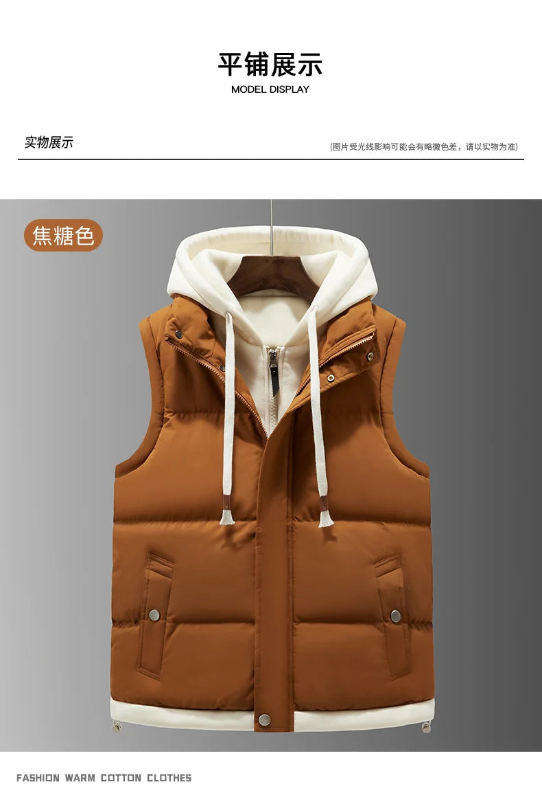 Unisex Fashion Hooded Vests Jacket Sleeveless Vest Autumn Thermal Soft Vests Casual Coats Male Cotton Men's Vest Men Thicken