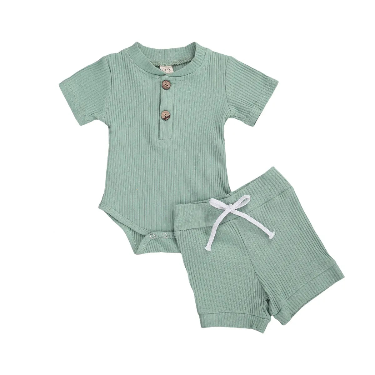 2Pcs Unisex Baby Summer Outfits Suit Solid Color Ribbed Casual Short Sleeves Romper+Elastic Waist Shorts for Toddler Infant