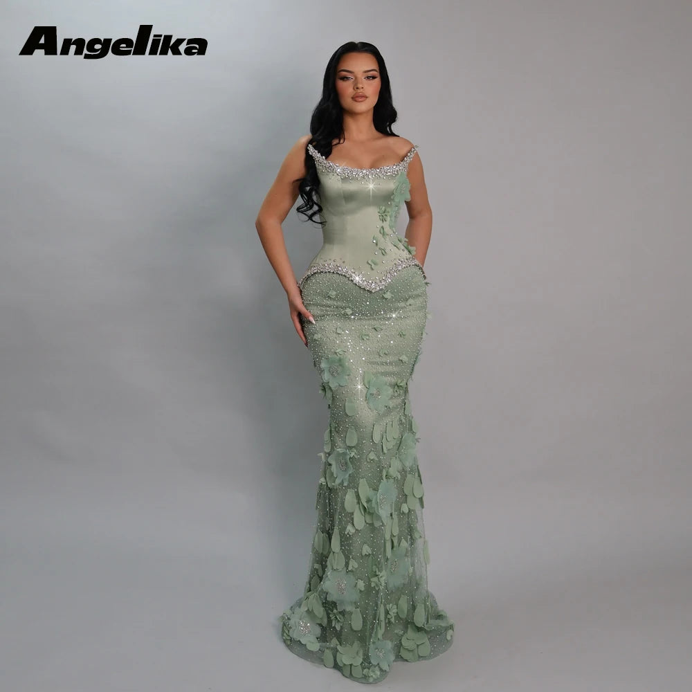Angelika Glamorous Mermaid Prom Dresses for Women 3D Flowers Crystals Pearls Lace up Pageant Gowns Vestido de Gala Customized