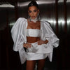Bafftafe 2 Pieces Satin Prom Party Dresses Puff Long Sleeves Above Knee Customized Bride Gowns Special Wedding Photography Wear