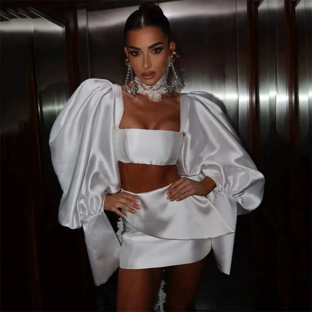 Bafftafe 2 Pieces Satin Prom Party Dresses Puff Long Sleeves Above Knee Customized Bride Gowns Special Wedding Photography Wear