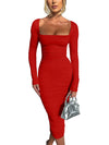 Herbst und Winter Damen Sexy Bodycon Kleid Quadratischer Ausschnitt Langarm Abendkleider für Damen