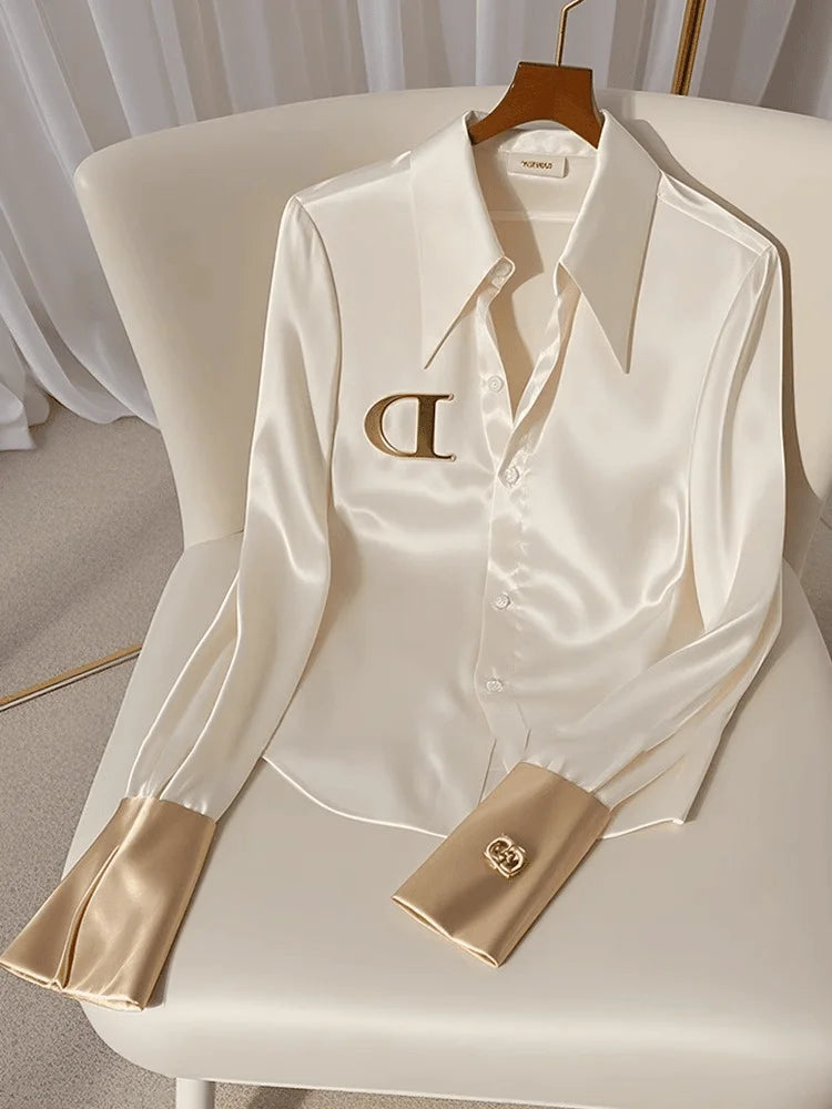 Elegante französische Damen Bluse aus weißem Satin mit Umlegekragen Langarmbluse Herbst/Winter für Frauen Lässig Schlicht Office Lady