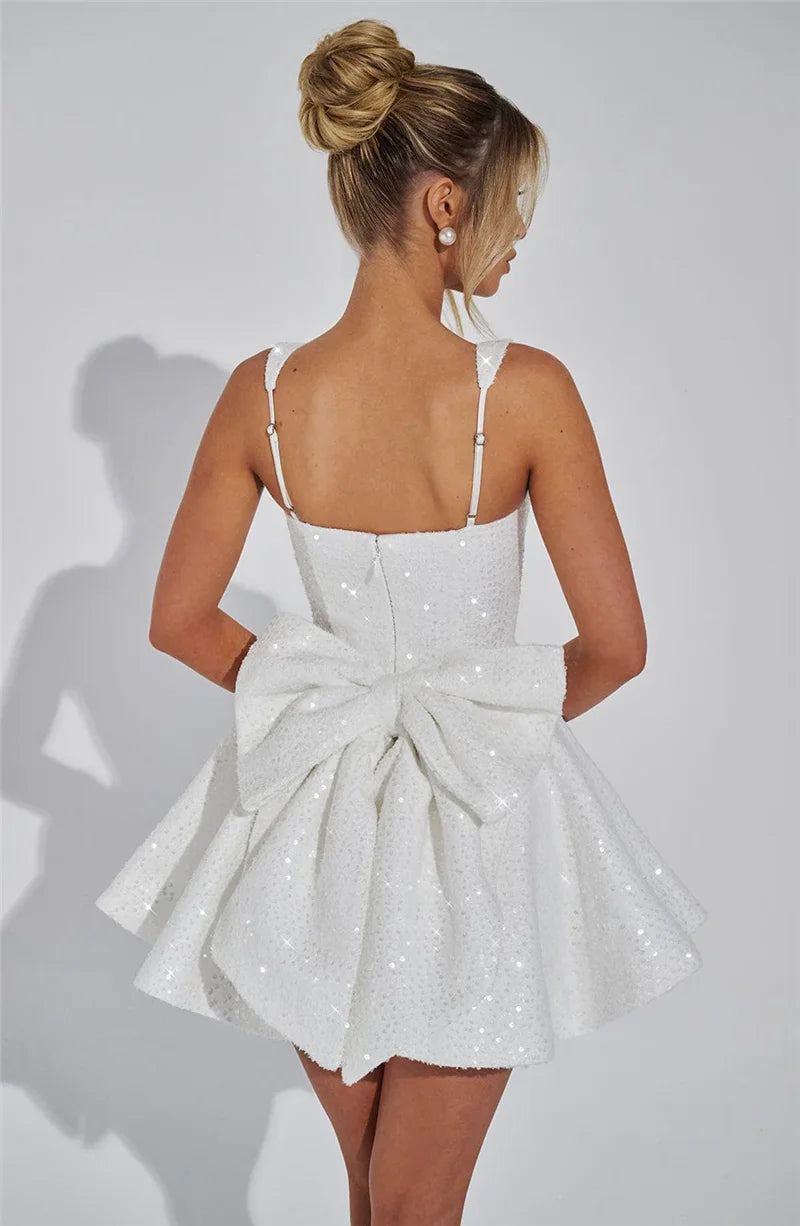 Mozision Pailletten-Kleid mit Schleife am Rücken, rückenfrei, sexy Mini-Kleid für Damen, modisches Etuikleid mit eckigem Ausschnitt, ärmellos, hohe Taille, A-Linie, Clubkleid