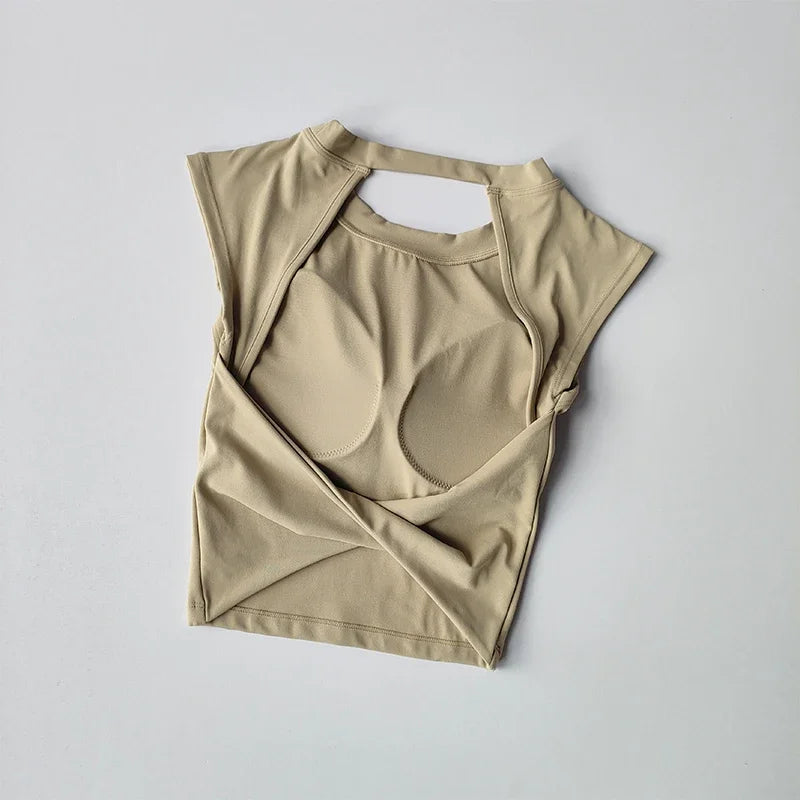Sexy Kurzes Rückenfreies Sport-T-Shirt mit festem Brustpolster Damen Eng Anliegendes Schnell Trocknendes Schlankmachendes Yoga-Top