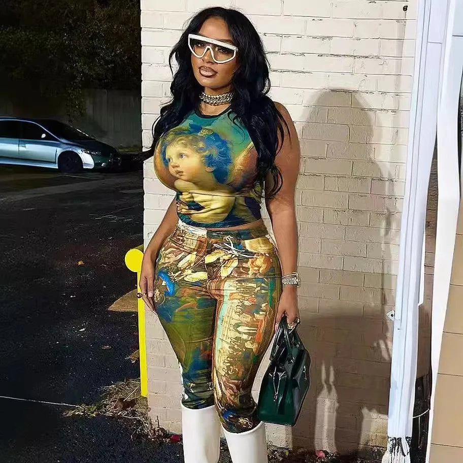 FAGADOER Mode-Print 2-teilige Sets Damen Outfit Ölgemälde Ärmelloses Crop Top und Hose Damen Streetwear Sommer Frühling Neu