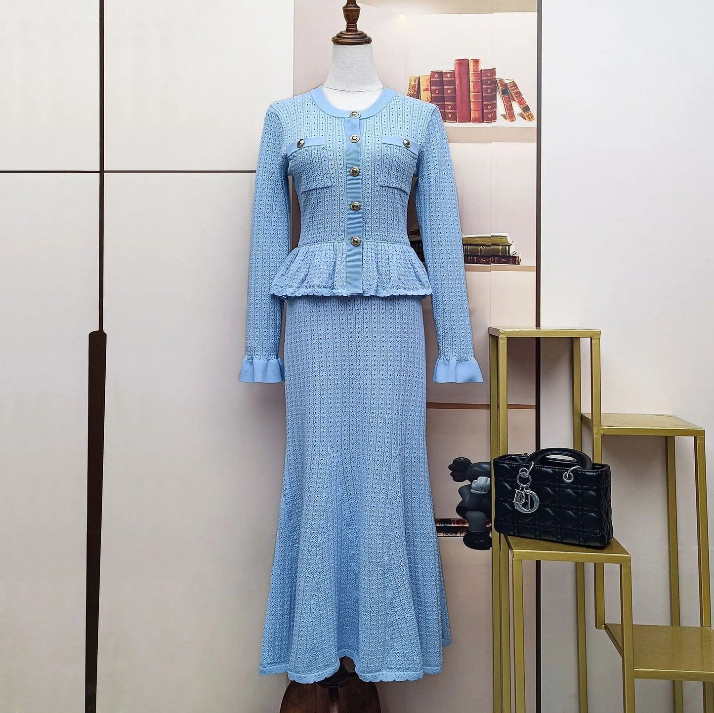 ZJYT Women's Knitted Dress Set 2 Piece Spring New Flare Sleeve Sweater and Long Skirt Suit Elegant Female Party Outfit Blue 2026