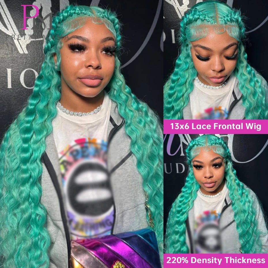 13x4 13x6 Green Blue Lace Front Wigs Human Hair Deep Wave Lace Closure Frontal Wig Deep Curly Mint Green Colored Human Hair Wigs