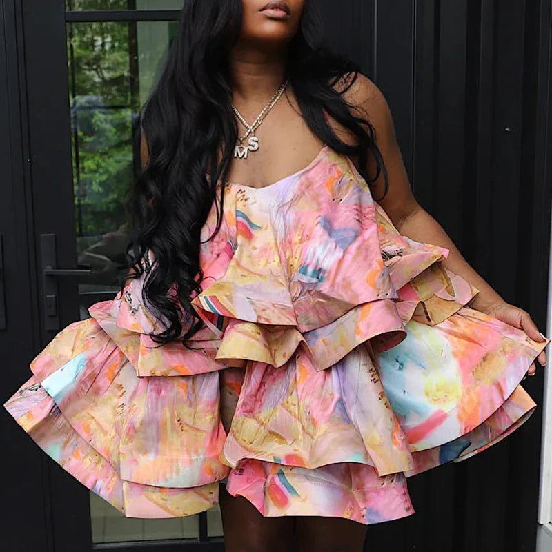 Sexy Suspender Backless Women Party Dress Spring Vintage Printed Hollow Mini Dress Fashion Layered Ruffles Summer Beach Dresses