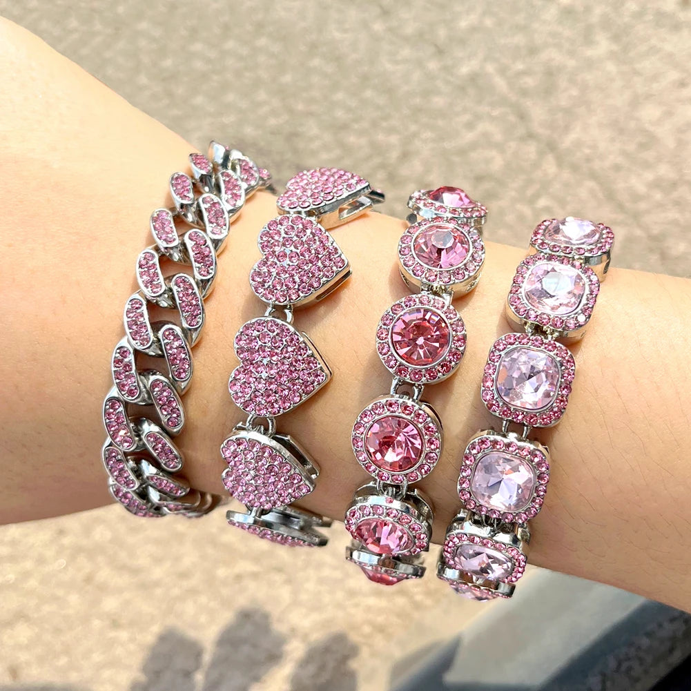 Iced Out Pink Cuban Armband für Frauen Hip Hop Gold Silber Farbe Kristall Herz Kreis Quadrat Armband 4Pcs Set Schmuck Geschenk
