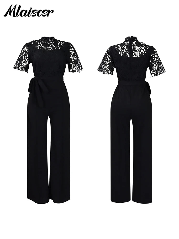 Mlaiscsr Elegant White Jumpsuits with Sashes Club Outfit for Women Lace Patchwork Short Sleeve Birthday Party One Piece Rompers