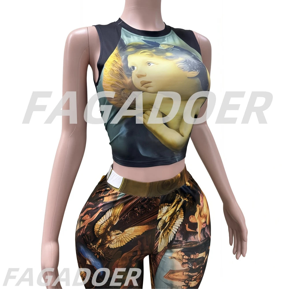 FAGADOER Mode-Print 2-teilige Sets Damen Outfit Ölgemälde Ärmelloses Crop Top und Hose Damen Streetwear Sommer Frühling Neu