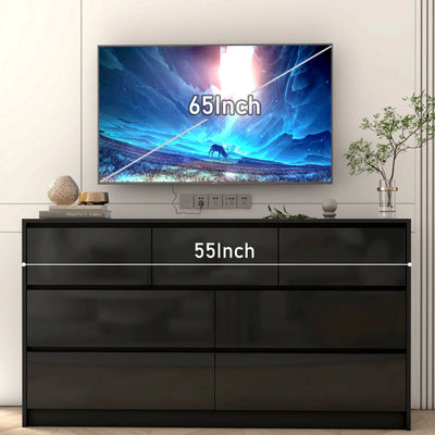 7-Schubladen-Kommode für Schlafzimmer, 55 Zoll moderne Kommode mit Hochglanzschubladen, große Holzkommode, Weiß/Schwarz