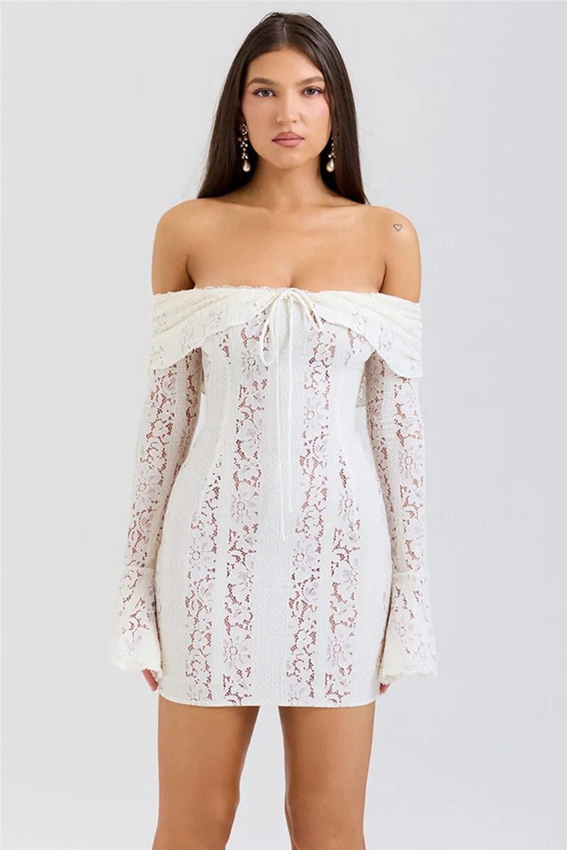 Mozision Blumen-Spitzen-Off-Shoulder Maxikleid für Damen, weiß, trägerlos, rückenfrei, langärmlig, Bodycon, Club, Party, sexy langes Kleid