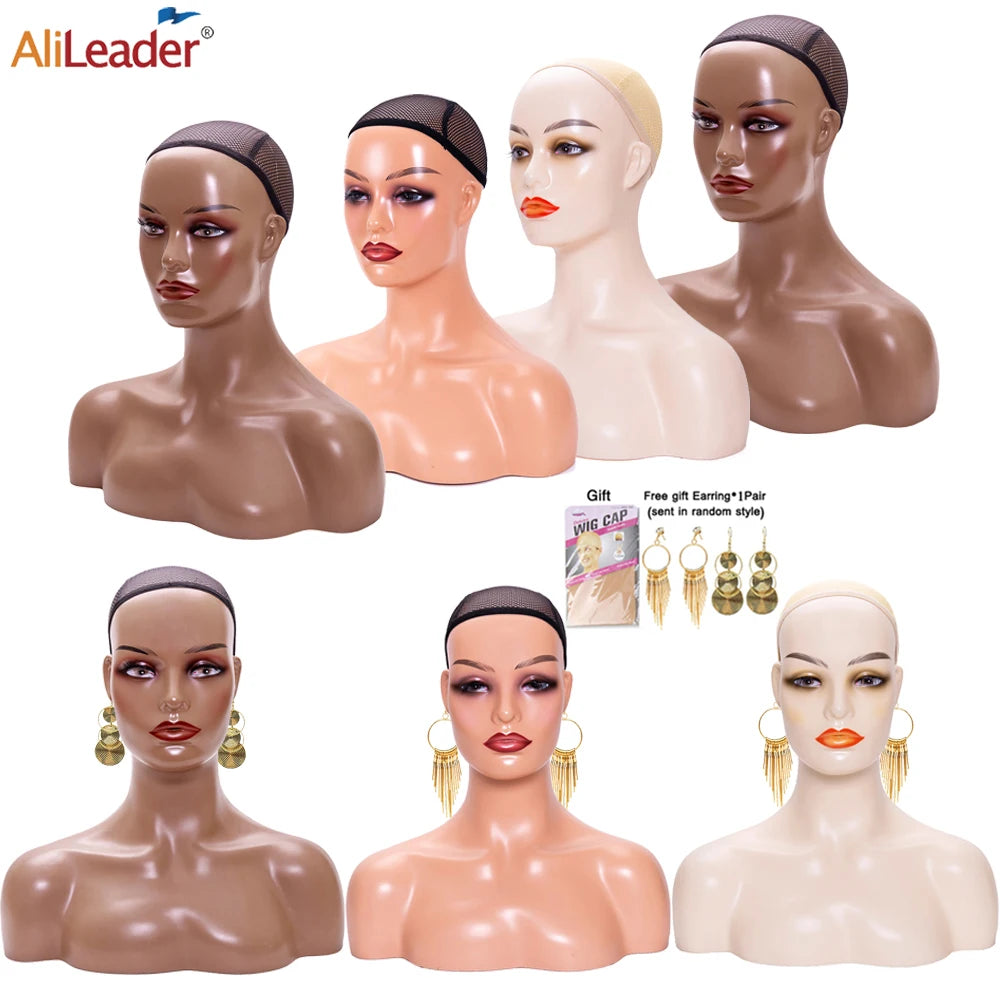 Weibliche Schaufensterpuppenkopf mit Schulter Mannequin Kopf Büste Perückenkopf Ständer mit Make-up für Perücken Präsentation Halskette Kostenlose Ohrringe, Perückenkappe
