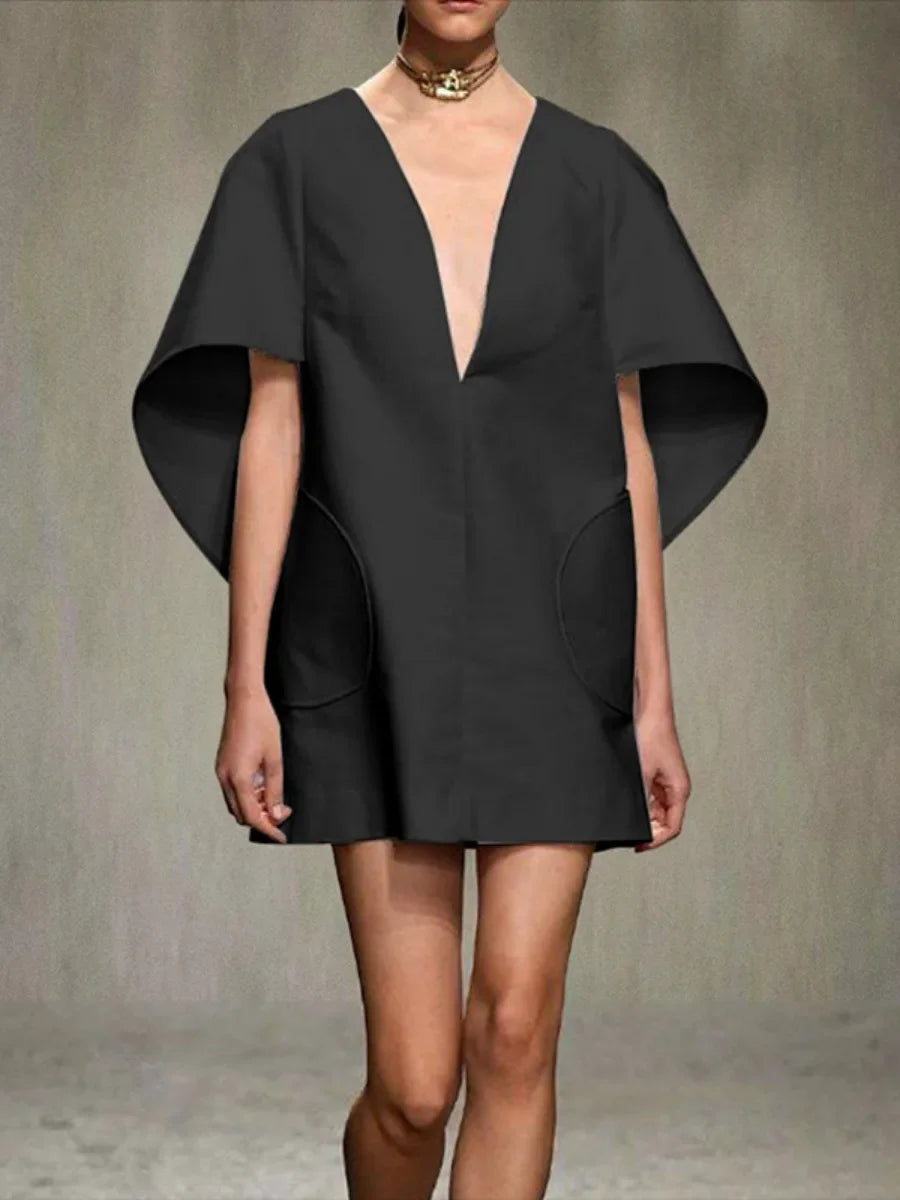 Yeezzi Fashion Schwarz Weiß Farbkurzes Kleid für Damen 2025 Neu Frühling Tiefer V-Ausschnitt Halbarm Loose Ballkleid Party Minikleider