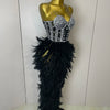 Stock 2025 Women Sexy Sparkly Rhinestone Mesh Feather Long Dress Elegant Evening Party Celebrate Birthday Performance Costume