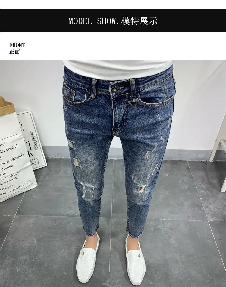 Men's Korean Style Classic Jeans 2023 New Blue Ripped Jeans for Men Fashion Trendy Summer Skinny Ripped Hole Cargo Trousers