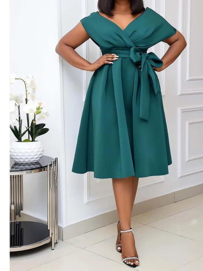 Damenkleid Midikleider A-Linie Vestidos Schmale Passform V-Ausschnitt Kurzarm Enge Taille Elegant Spleiß Schnürung Schleife Sommer