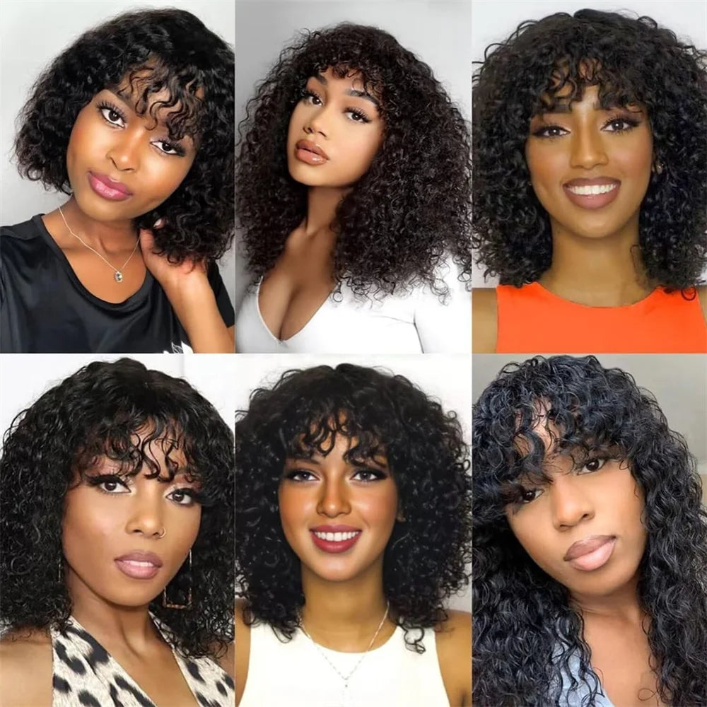Kinky Curly Short Bob Wig mit Pony Echthaar Glatt Pony Bob Perücke Klebstofflose Minimalistische 2x1 Lace Scalp Bob Pony Perücke für Frauen