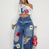 Hip Hop Wide Leg Jeans Pants Sexy Women High Waist Elegant High Street Ripped Denim Straight Trousers