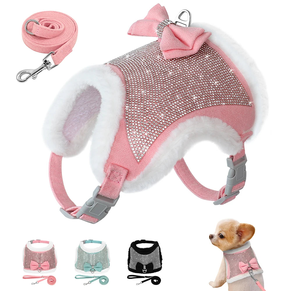 Hundegeschirr und Leine-Set mit Strass, weiches, warmes Haustiergeschirr, Weste, Hunde-Schleifengeschirr, verstellbar für Chihuahua, Hunde, Katzen