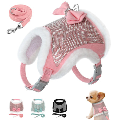 Hundegeschirr und Leine-Set mit Strass, weiches, warmes Haustiergeschirr, Weste, Hunde-Schleifengeschirr, verstellbar für Chihuahua, Hunde, Katzen