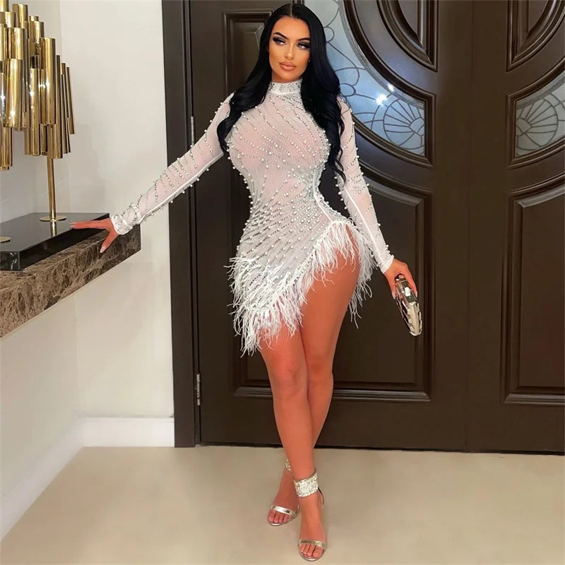 Sexy Perlen Strass Partykleider Damen Eleganz Nachtclub Feder Geburtstagskleid Langarm Mesh Sheer Bodycon Minikleid