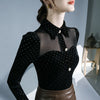 Black Vintage Doll Collar Polka Dot Gold Velvet Top Women's Autumn and Winter Gauze Splicing Perspective Sexy T-shirt