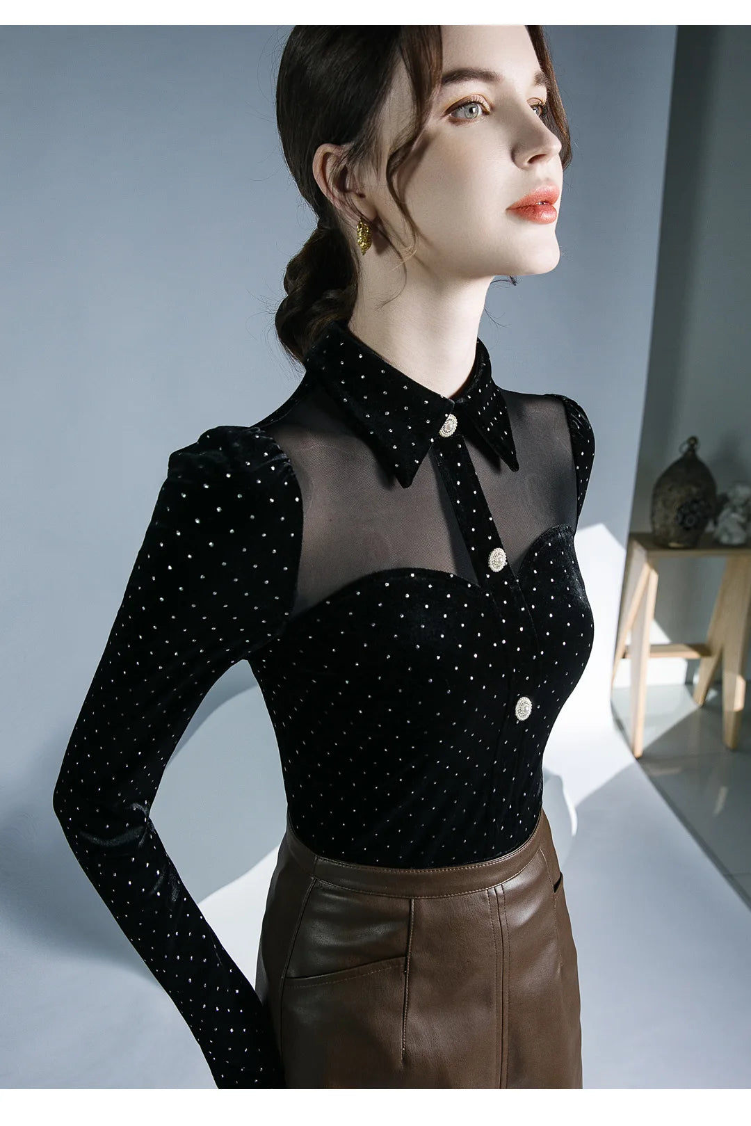 Black Vintage Doll Collar Polka Dot Gold Velvet Top Women's Autumn and Winter Gauze Splicing Perspective Sexy T-shirt
